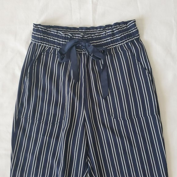 ZARA Women's Navy Blue/White Striped Drawstring Paperbag Pants Size XS - Picture 6 of 16